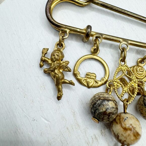 Vintage Victorian Revival Charm Safety Pin Heart Claddagh Cherub Jasper Stone - Picture 2 of 7